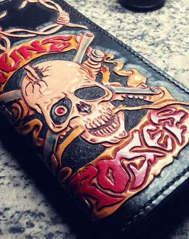 Handmade Long leather wallet men guns & roses skull black tooled carved long wallet for him Handmade Long leather wallet men guns & roses skull black tooled carved long wallet for him