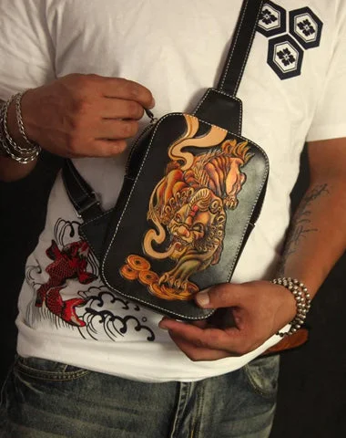 Cool Handmade Tooled Leather Tang Lion Sling Bag Chest Bag One Shoulder Backpack For Men Cool Handmade Tooled Leather Tang Lion Sling Bag Chest Bag One Shoulder Backpack For Men