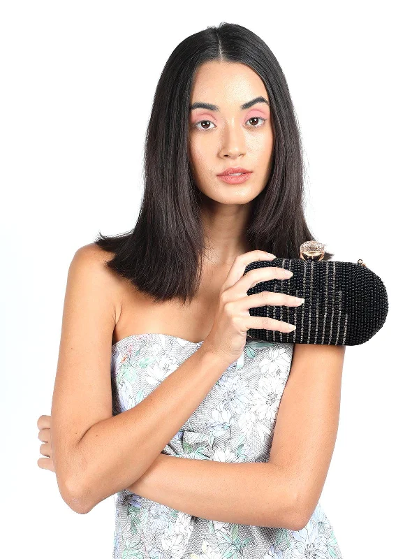 Odette Women Chic Black Embroidered Clutch