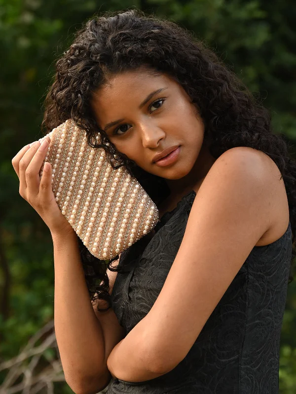 Odette Gold Beads Embellished Clutch Bag For Women