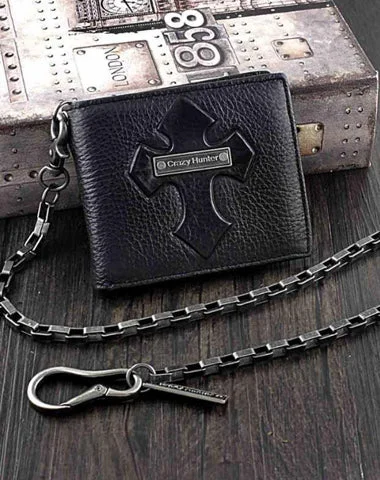 Badass Black Leather Men's Trifold Cross Small Biker Wallet Chain Wallet with chain For Men Badass Black Leather Men's Trifold Cross Small Biker Wallet Chain Wallet with chain For Men
