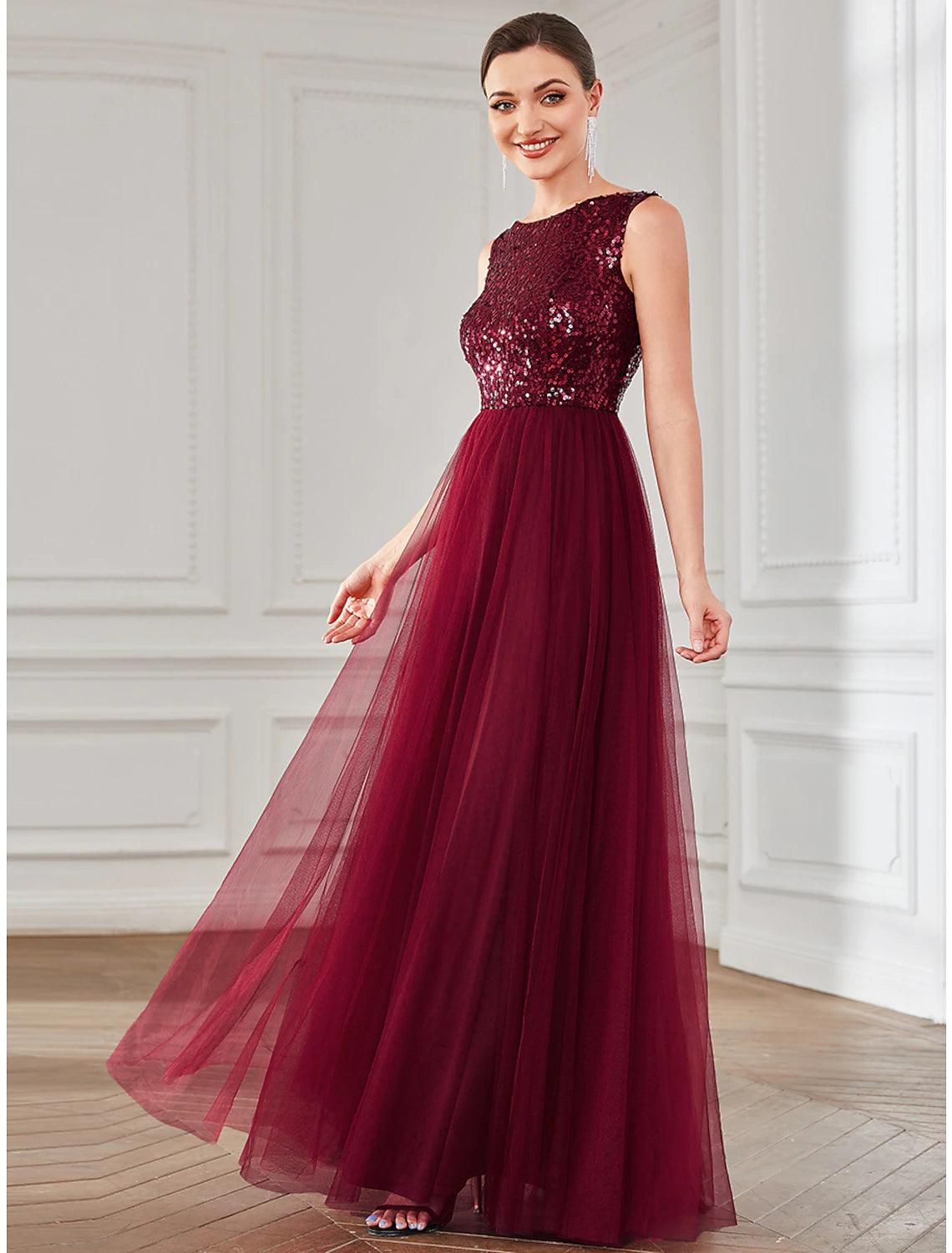 A-Line Party Dresses Elegant Dress Wedding Guest Floor Length Sleeveless Jewel Neck Tulle with Sequin A-Line Party Dresses Elegant Dress Wedding Guest Floor Length Sleeveless Jewel Neck Tulle with Sequin