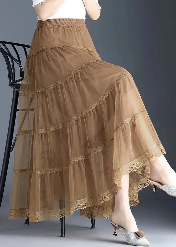 Plus Size Khaki Lace Tiered wrinkled Fall Skirt