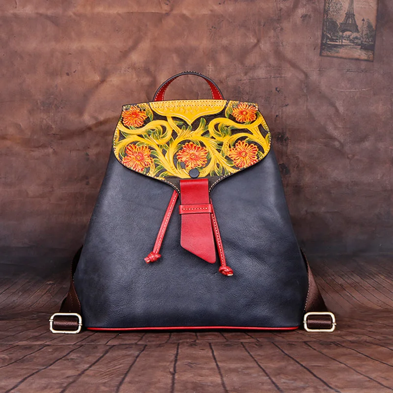 Boho Womens Embossed Black Leather Rucksack Purse Backpack For Women