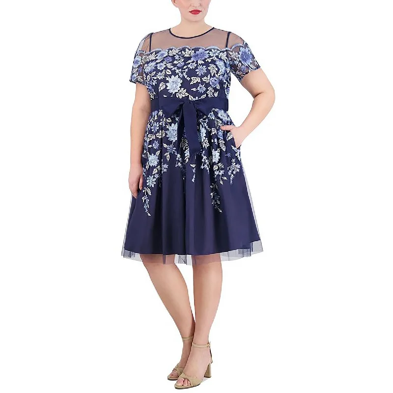 Eliza J Womens Plus Mesh Embroidered Midi Dress