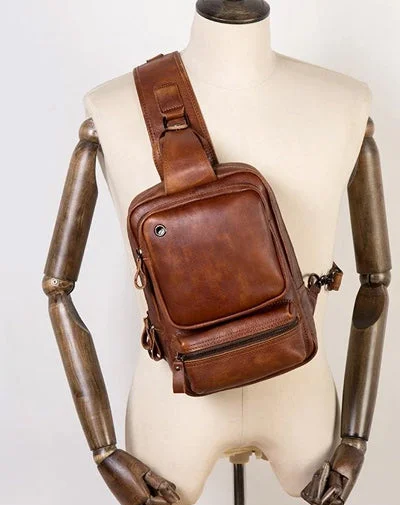 Casual Brown Leather Mens Sling Pack Sling Bag Chest Bag One Shoulder Backpack for Men Casual Brown Leather Mens Sling Pack Sling Bag Chest Bag One Shoulder Backpack for Men
