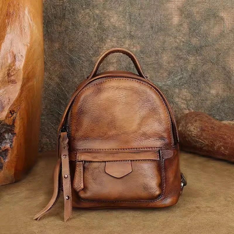 Ladies Brown Leather Backpack Purse Mini Leather Rucksack