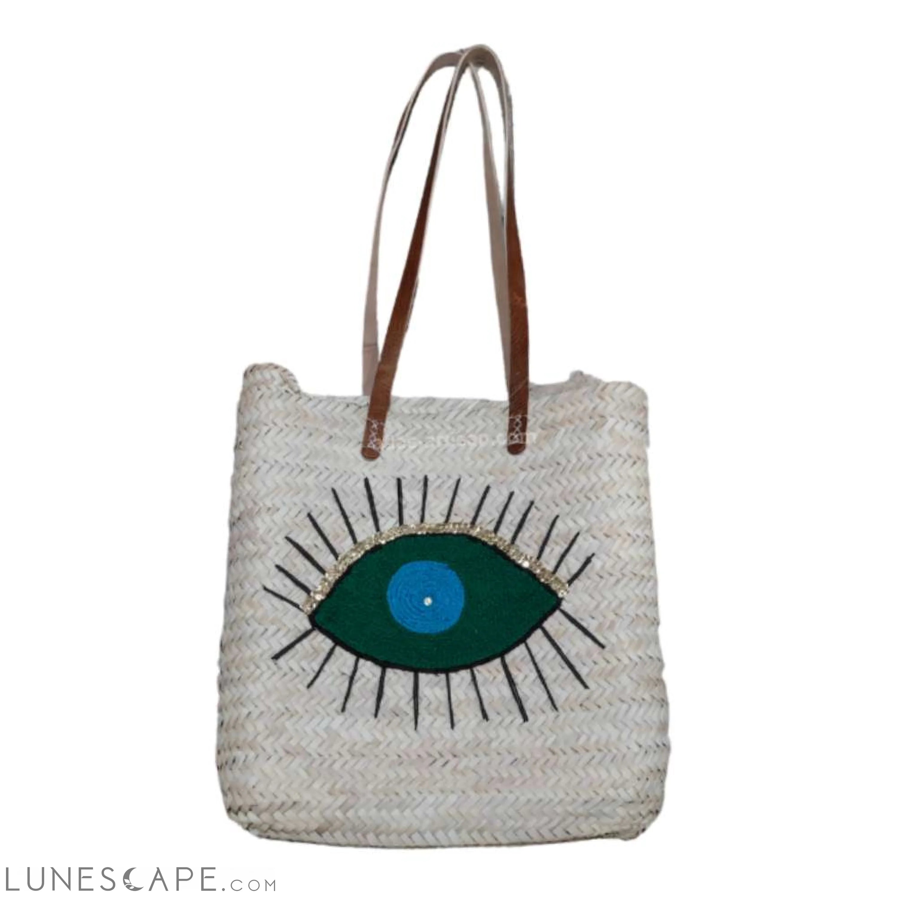 Panier Oeil Bleue Sequins Embroidered Woven Raffia Tote Handmade Evil Eye
