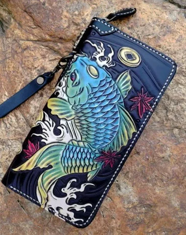 Black Handmade Double Carp Tooled Leather Long Biker Wallet Chain Wallet Clutch Wallet For Men Black Handmade Double Carp Tooled Leather Long Biker Wallet Chain Wallet Clutch Wallet For Men