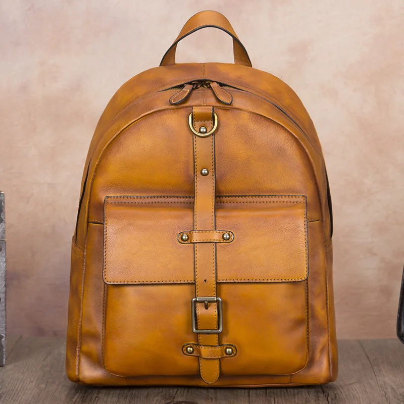 Vintage Womens Brown Full Grain Leather Backpack Purse for Women