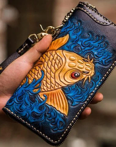 Handmade Leather Men Tooled Carp Cool Biker Leather Wallets Long Chain Wallets for Men Handmade Leather Men Tooled Carp Cool Biker Leather Wallets Long Chain Wallets for Men