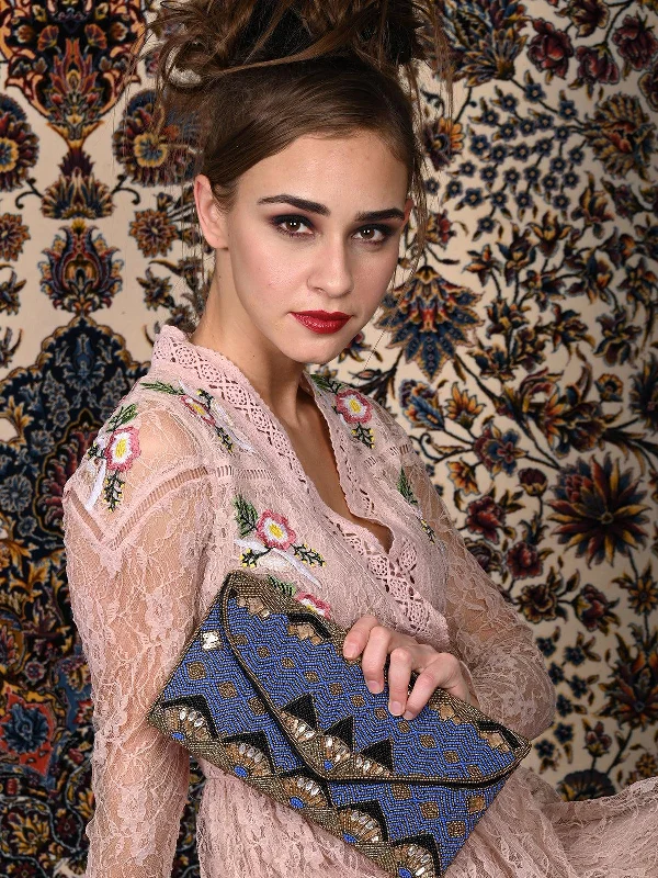 Odette Women Orchid Blue Beaded Envelope Cutch!
