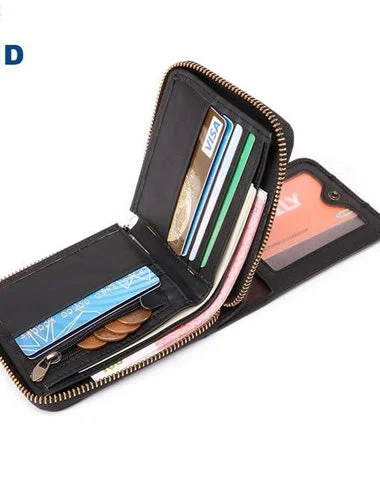 Fashion RFID Black Leather Men's Zipper Small Wallet Brown Zipper billfold Wallet For Men Fashion RFID Black Leather Men's Zipper Small Wallet Brown Zipper billfold Wallet For Men