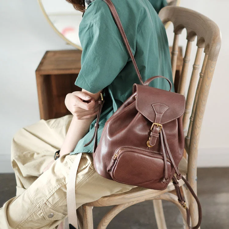 Handmade Womens Real Leather Flap Backpack Purse Leather Knapsack for Women