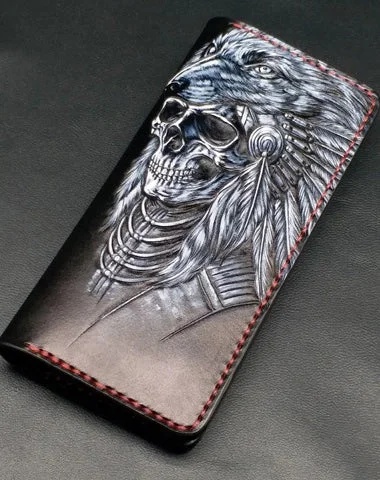 Black Handmade Tooled Indian Chief Skull Leather Mens Long Wallet Bifold Long Wallet For Men Black Handmade Tooled Indian Chief Skull Leather Mens Long Wallet Bifold Long Wallet For Men