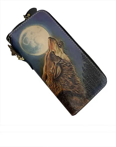 Handmade Cool Tooled Wolf Leather Men's Biker Chain Wallet Zipper Long Chain Wallet For Men Handmade Cool Tooled Wolf Leather Men's Biker Chain Wallet Zipper Long Chain Wallet For Men