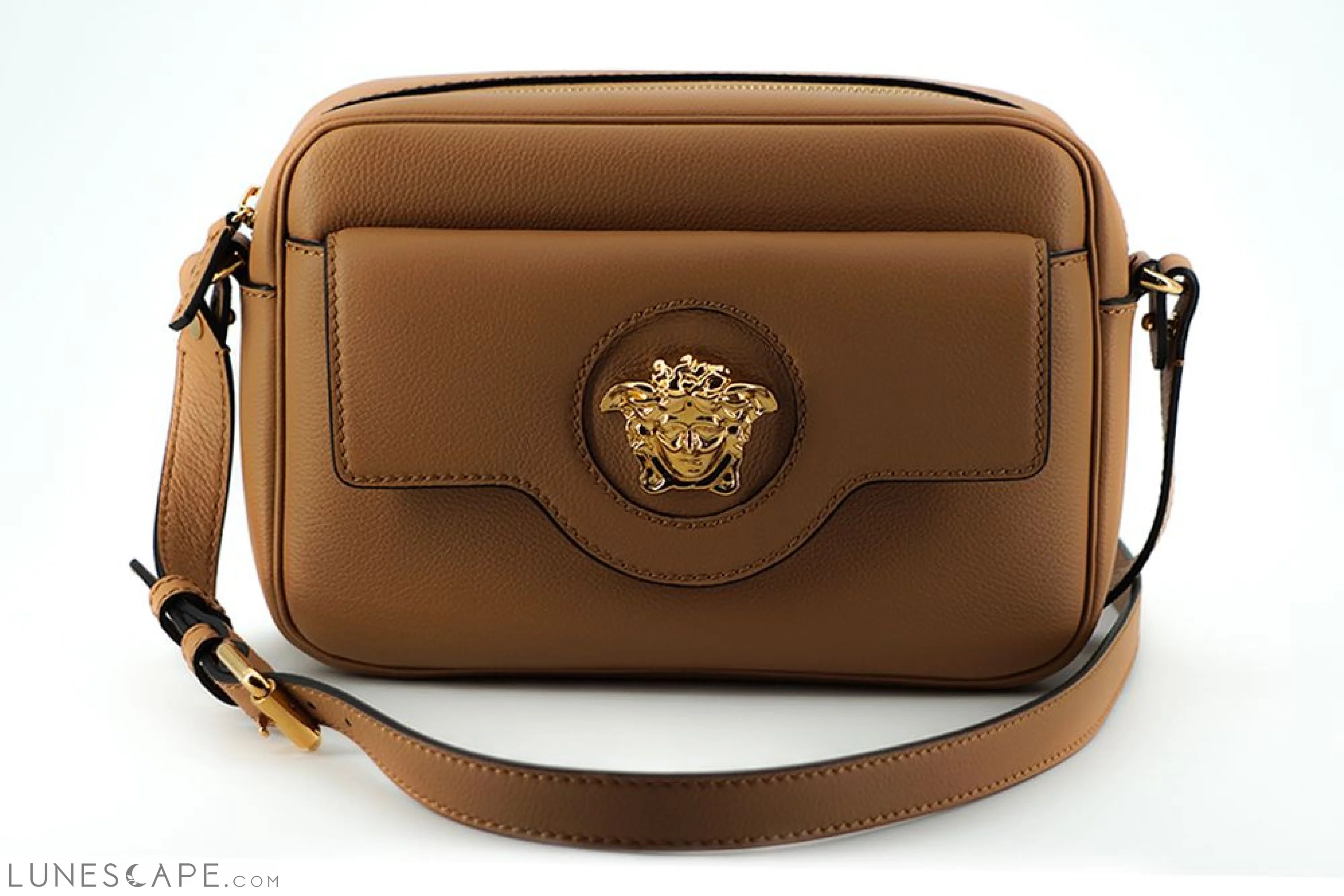 Versace Elegant Brown Leather Camera Case Shoulder Bag