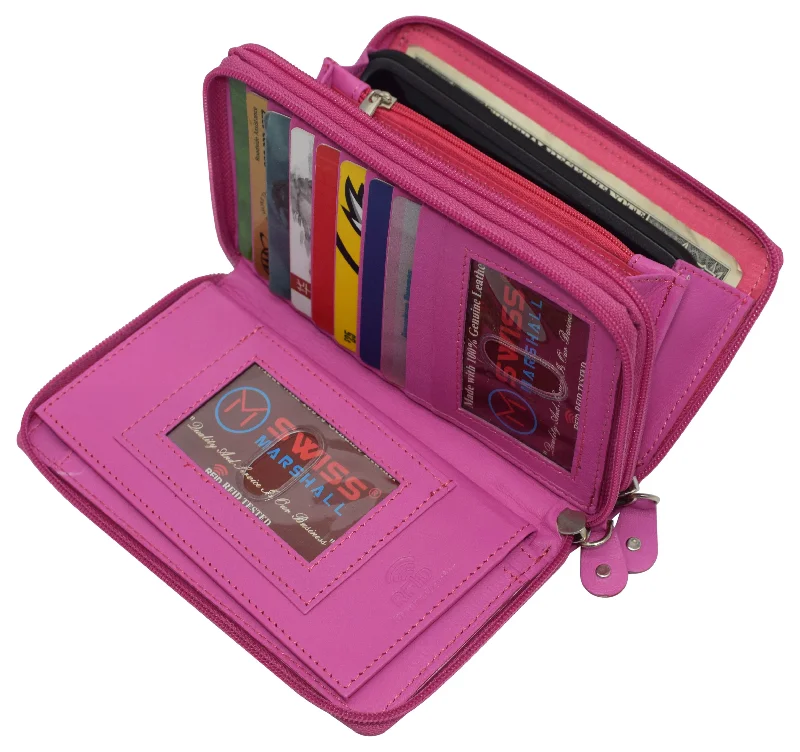 RFID Blocking Double Zipper Smartphone Genuine Leather Large Women's Wallet Hot Pink RFID Blocking Double Zipper Smartphone Genuine Leather Large Women's Wallet Hot Pink