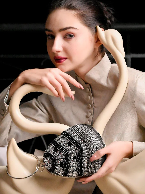 Odette Women Black Egg Shape Crystal Clutch Bag
