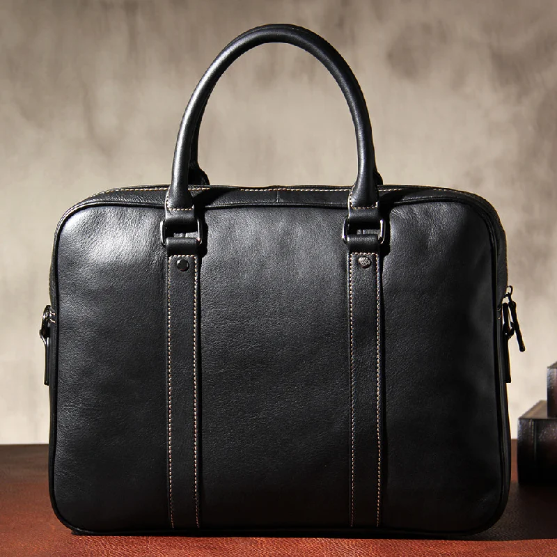 Genuine Leather Mens Black Briefcase Shoulder Bag Work Bag Laptop Bag Business Bag for Men Genuine Leather Mens Black Briefcase Shoulder Bag Work Bag Laptop Bag Business Bag for Men