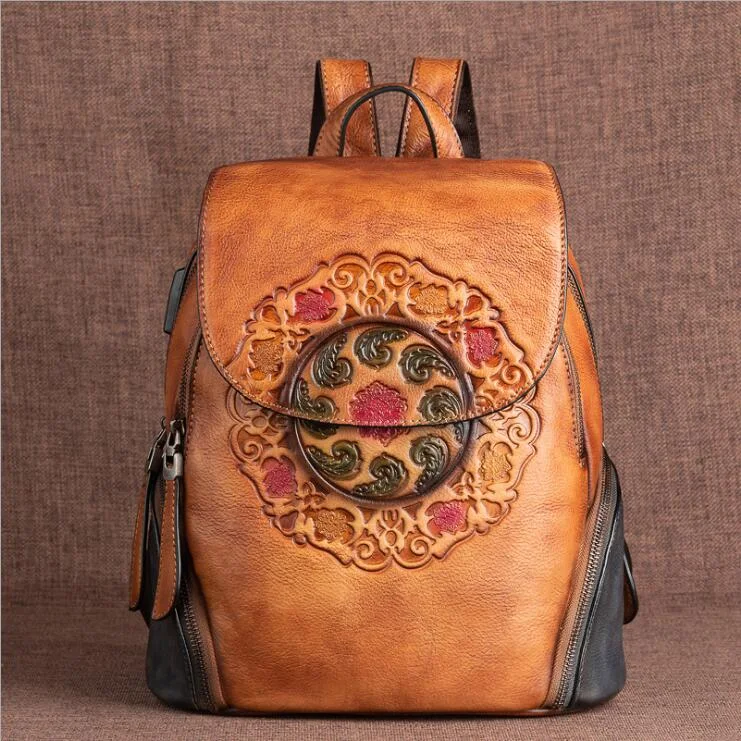 Cool Ladies Embossed leather Backpack Purse With Built In Universal USB Port For Women