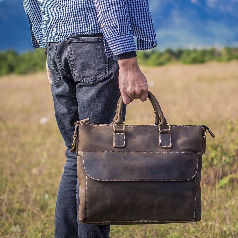 Genuine Leather Mens Vintage Coffee Briefcase Shoulder Bag Work Bag Laptop Bag Business Bag for Men