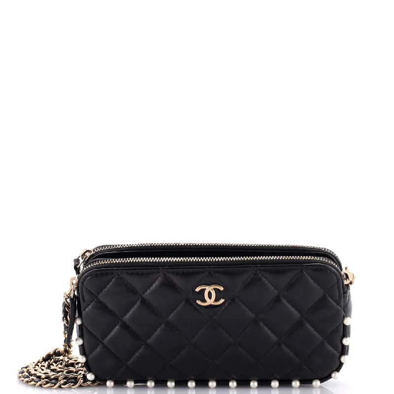 Double Zip Clutch with Chain Quilted Calfskin with Pearl Detail