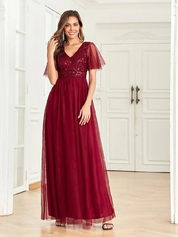 A-Line Party Dresses Empire Dress Party Wear Floor Length Short Sleeve V Neck Tulle V Back with Glitter Sequin A-Line Party Dresses Empire Dress Party Wear Floor Length Short Sleeve V Neck Tulle V Back with Glitter Sequin