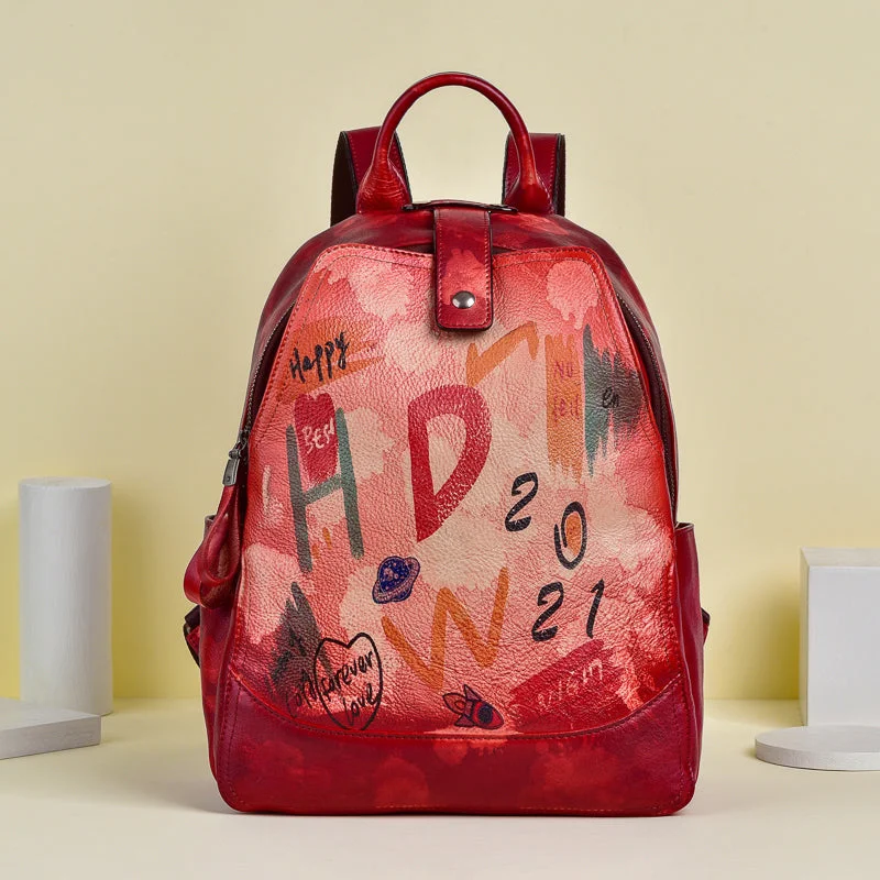 Small Womens Red Leather Hiking Backpack Purse Leather Rucksack Bag Knapsack