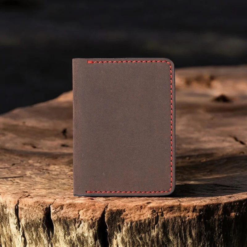 The Diablo Card Holder - Brown Full Grain Leather Card Holder With Red Hand Stitching