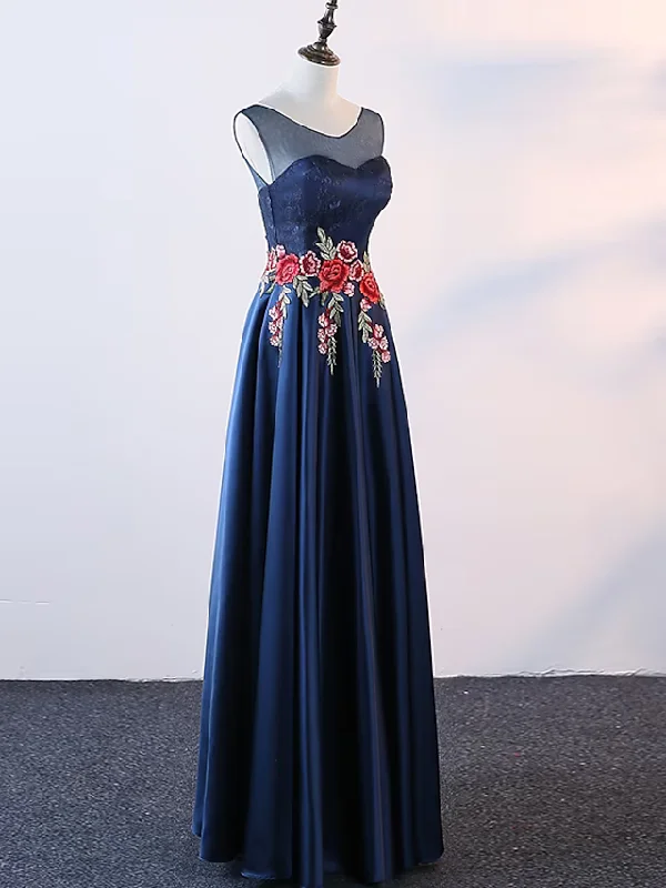 A-Line Evening Gown Elegant Dress Prom Floor Length Sleeveless Jewel Neck Satin with Embroidery Appliques A-Line Evening Gown Elegant Dress Prom Floor Length Sleeveless Jewel Neck Satin with Embroidery Appliques