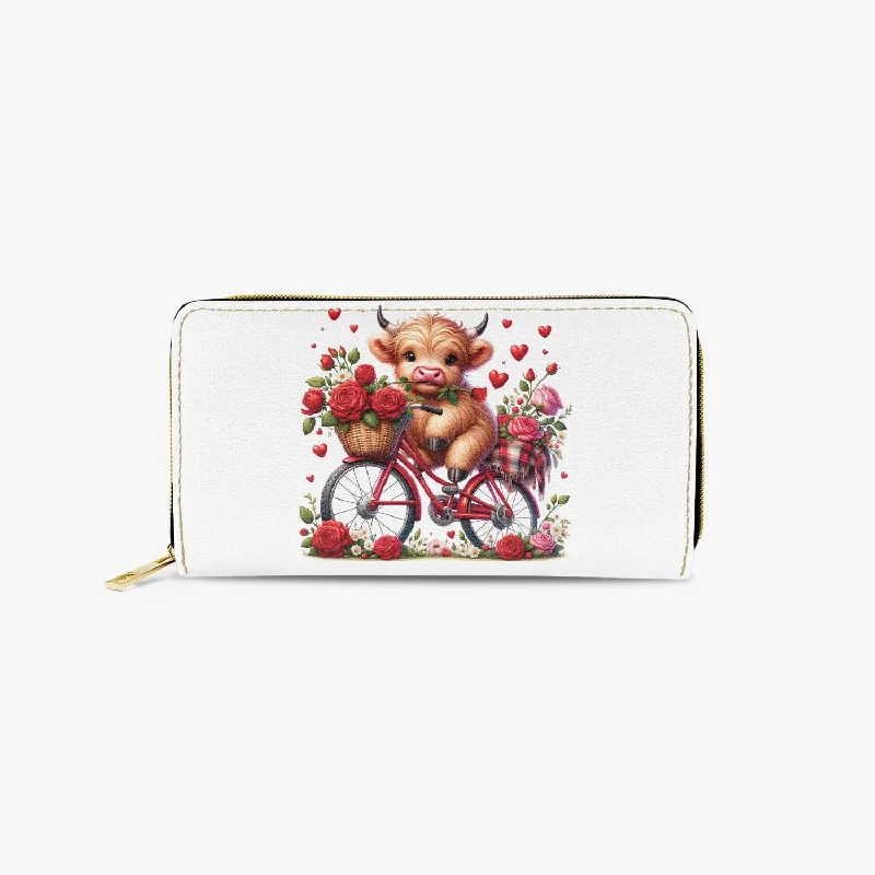 Long Type Zipper Purse, Highland Cow riding Bike, awd-612