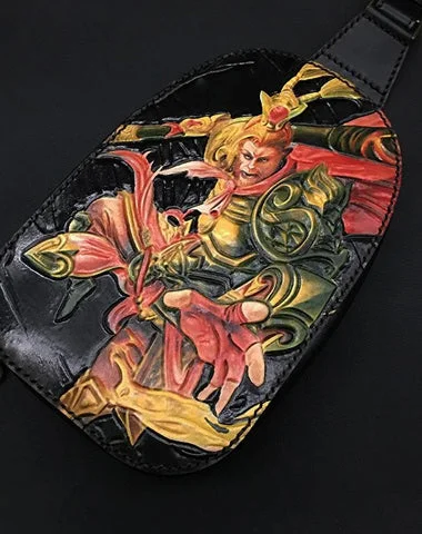 Black Handmade Tooled Leather Monkey King Sling Bag Chest Bag One Shoulder Backpack For Men Black Handmade Tooled Leather Monkey King Sling Bag Chest Bag One Shoulder Backpack For Men