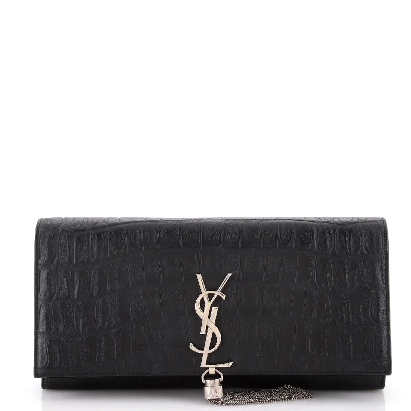 Classic Monogram Tassel Clutch Crocodile Embossed Leather Long