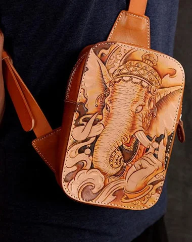 Handmade Beige Ganesha Tooled Leather Sling Bag Chest Bag One Shoulder Backpack For Men Handmade Beige Ganesha Tooled Leather Sling Bag Chest Bag One Shoulder Backpack For Men