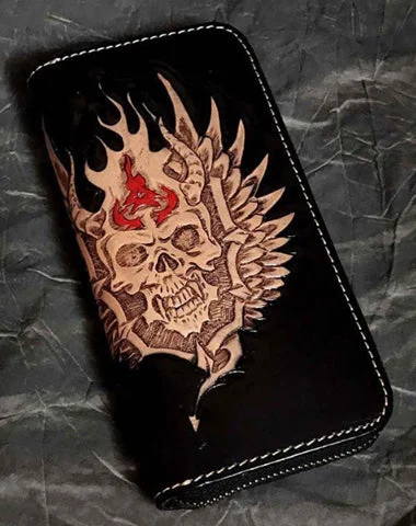 Black Leather Men's Long Biker Wallet Ghost Skull Badass Handmade Tooled Zipper Long Wallets For Men Black Leather Men's Long Biker Wallet Ghost Skull Badass Handmade Tooled Zipper Long Wallets For Men
