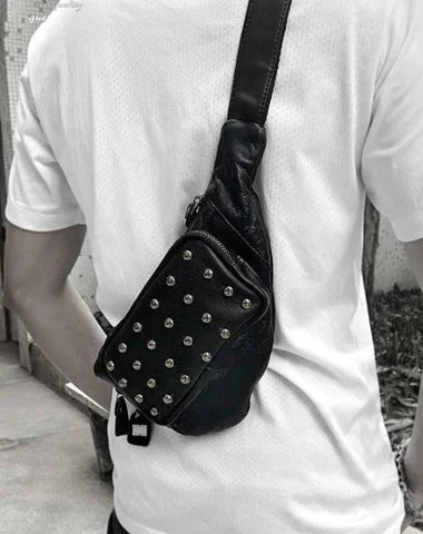 Badass Black Leather Men's Sling Bag Punk Chest Bag Rivet One shoulder Backpack Phone Bag For Men Badass Black Leather Men's Sling Bag Punk Chest Bag Rivet One shoulder Backpack Phone Bag For Men