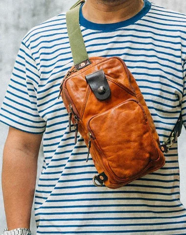 Fashion Black Leather Mens Sling Bag Chest Bag Sling Pack Tan One Shoulder Backpack For Men Fashion Black Leather Mens Sling Bag Chest Bag Sling Pack Tan One Shoulder Backpack For Men