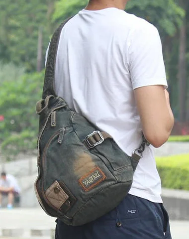 Jean Denim Mens Large Sling Bag Blue Chest Bag Jean One Shoulder Backpacks For Men