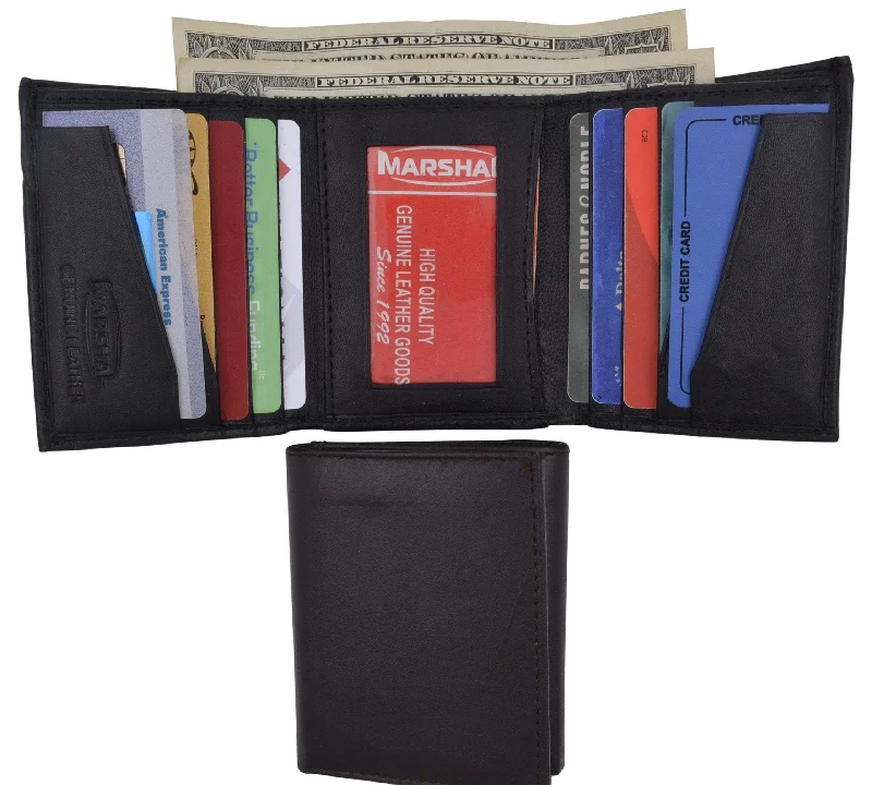 Mens Soft Leather Trifold Wallet with Vertical Card Slots and ID Window 1855