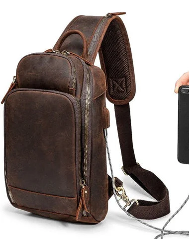 Badass Dark Brown Leather Men's Sling Bag Chest Bag Vintage One shoulder Backpack For Men Badass Dark Brown Leather Men's Sling Bag Chest Bag Vintage One shoulder Backpack For Men