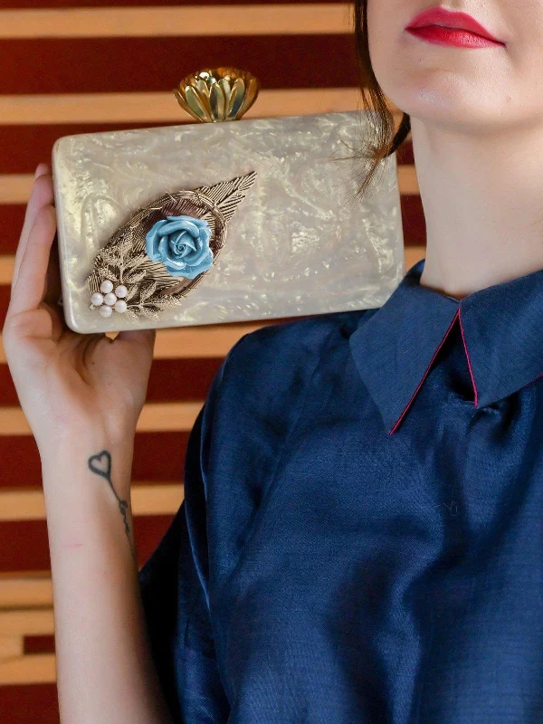 Odette Women Blue Rose Rectangle Resin Clutch