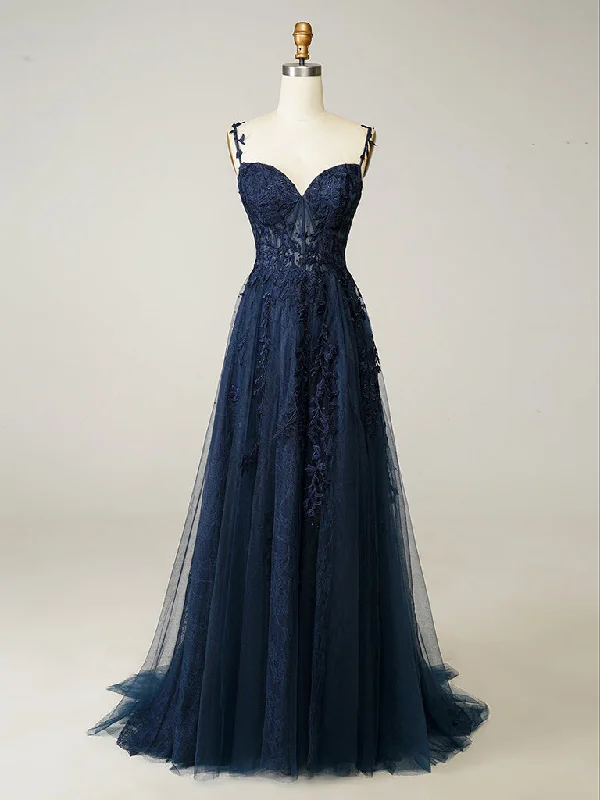 A-Line Sweetheart Neck Tulle Lace Dark Blue Long Prom Dress, Dark Blue Long Formal Dress A-Line Sweetheart Neck Tulle Lace Dark Blue Long Prom Dress, Dark Blue Long Formal Dress
