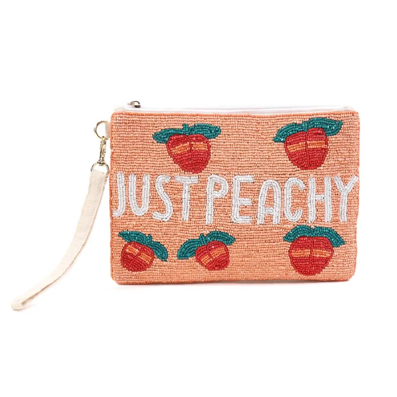 Odette Beaded Print Zip Top Clutch In Just Peachy