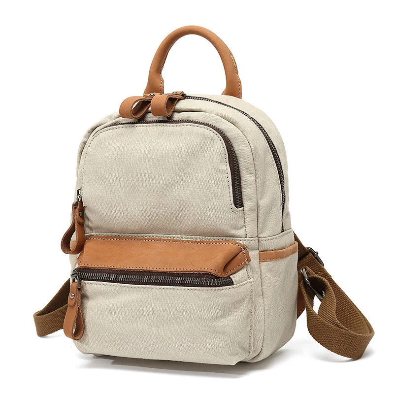 Ladies Small Canvas Leather Hiking Backpack Purse With Pockets Small Rucksack Bags for Women