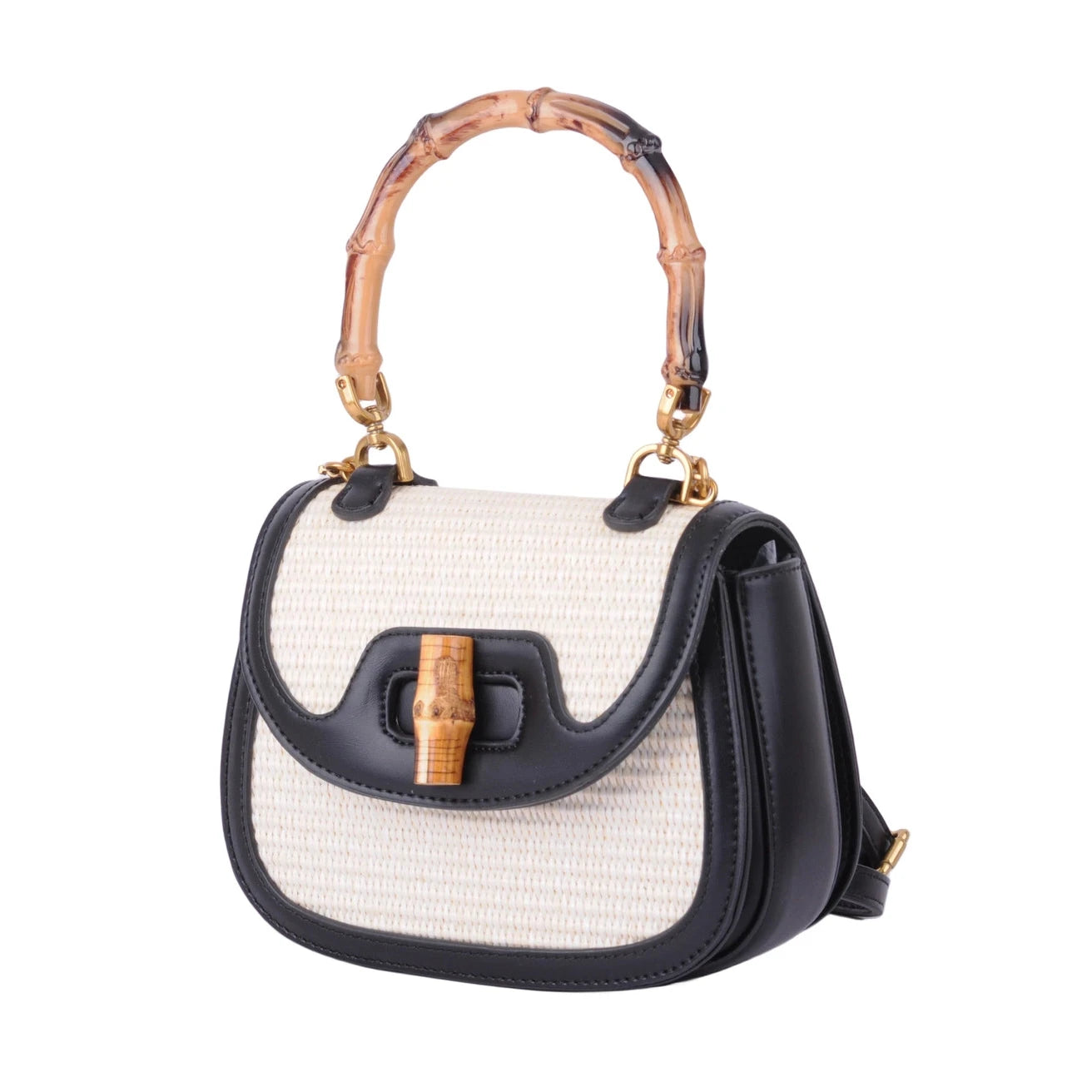 Bamboo Top Handle Raffia Saddle Bag