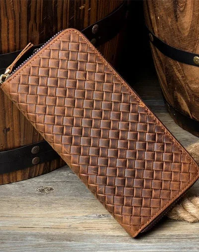 Brown Woven Mens long Wallet Wristlet Wallet Clutch Wallet Zipper Bifold Long Wallet for Men Brown Woven Mens long Wallet Wristlet Wallet Clutch Wallet Zipper Bifold Long Wallet for Men