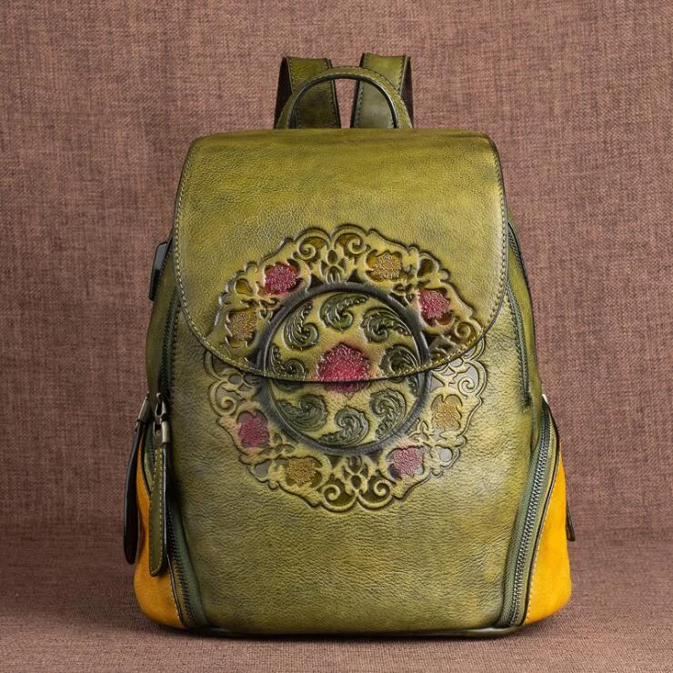Womens Green Leather Backpack Purse With Built In Universal USB Port For Women