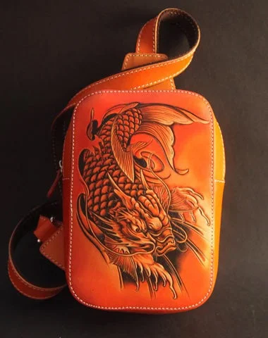 Cool Handmade Tooled Leather Dragon Carp Sling Bag Chest Bag One Shoulder Backpack For Men Cool Handmade Tooled Leather Dragon Carp Sling Bag Chest Bag One Shoulder Backpack For Men