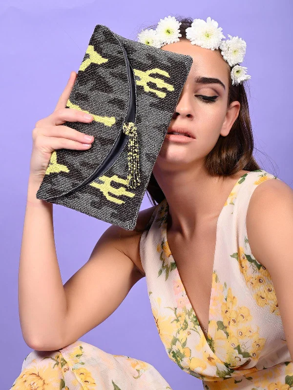 Odette Women Camouflage Beaded Attractive Envelope Clutch